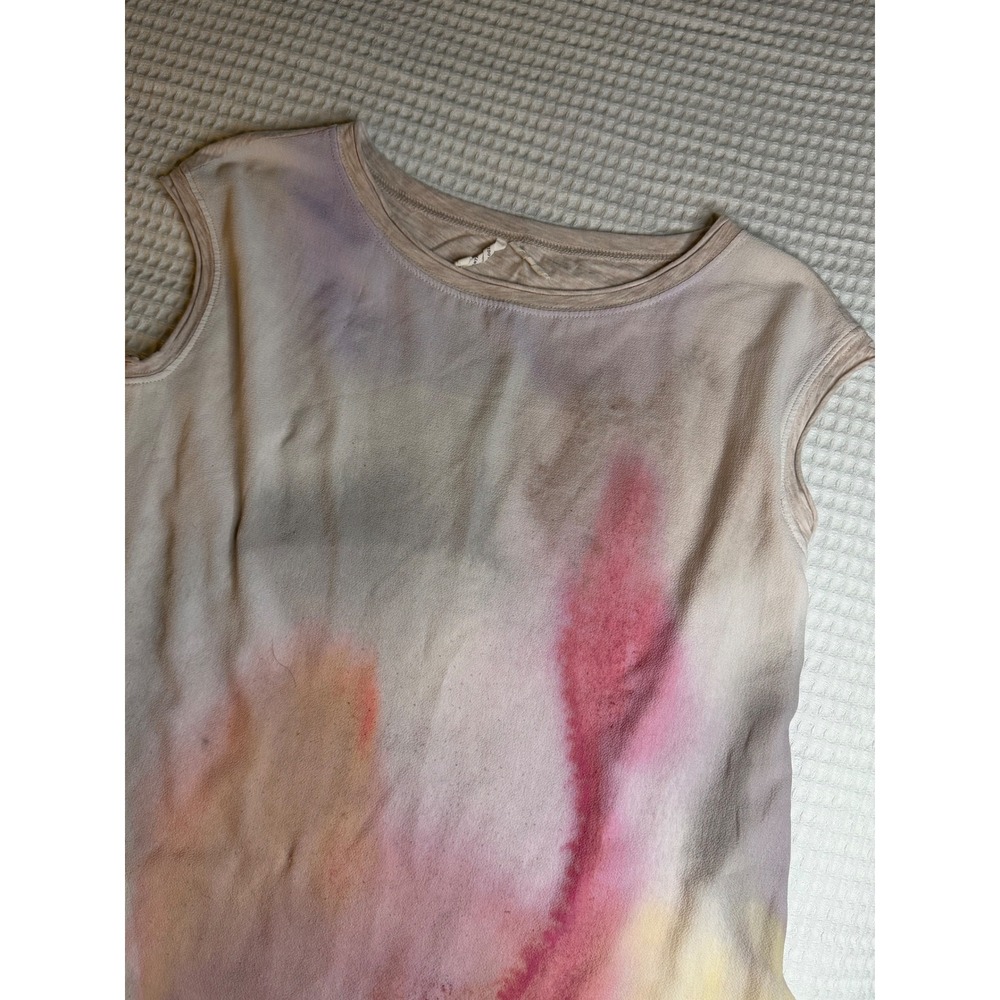 Anthropologie Tank Top Women XS Cream Pink Watercolor Tie Dye Sleeveless Hem